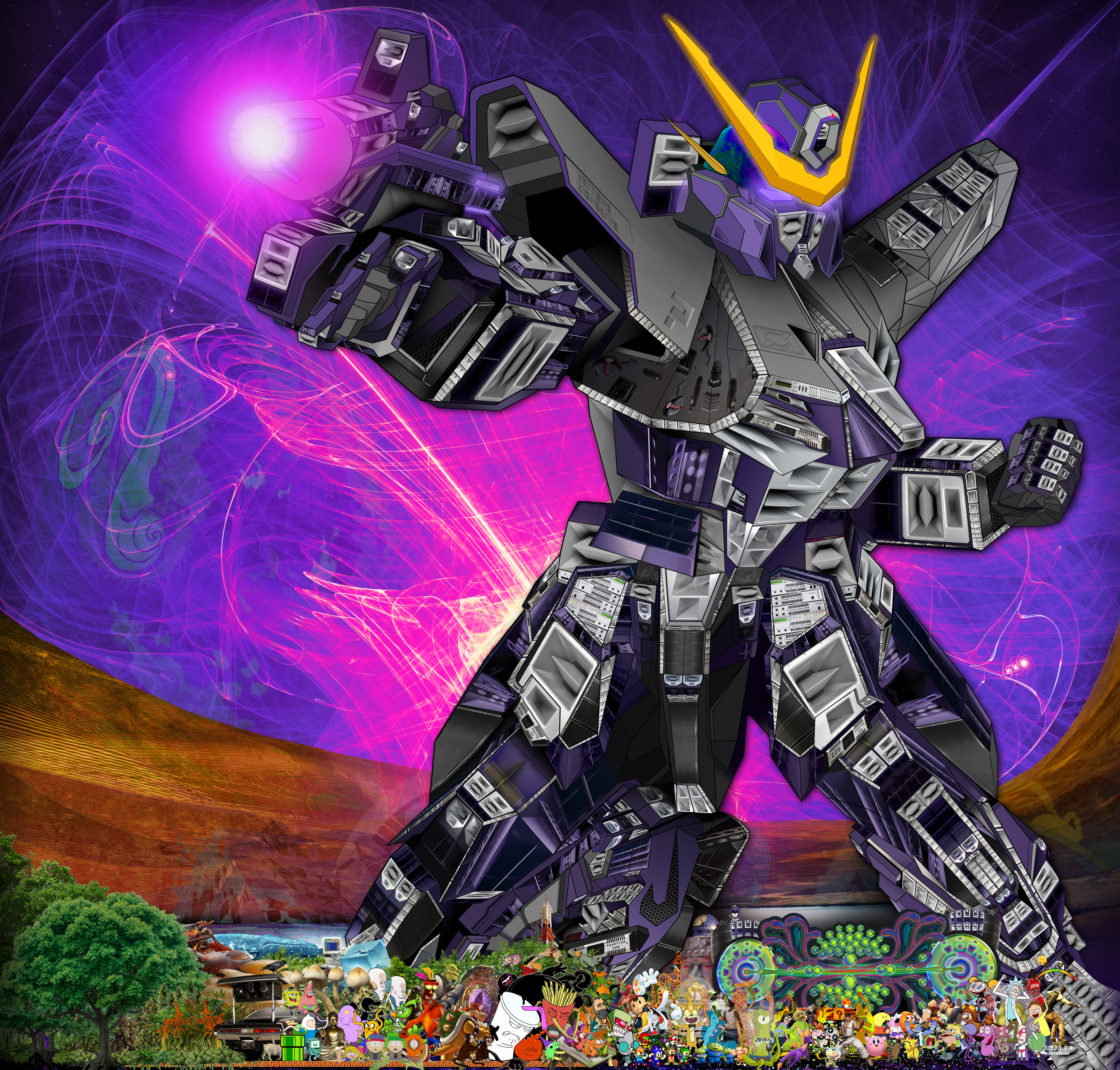 Large robot figure with a vibrant purple and pink background